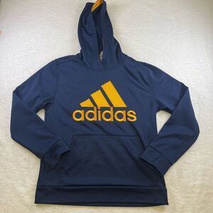Large Kids Adidas Pullover Hoodie Navy Blue with Gold Stitched Lettering and Log